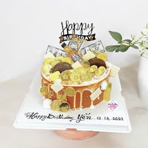 Bánh sinh nhật tiền vàng cho nam, đẹp, sang trọng, hiện đại.