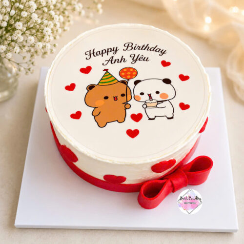 Bánh kem dễ thương tặng người yêu với hình ảnh hoạt hình đáng yêu và tông màu đỏ trắng lãng mạn