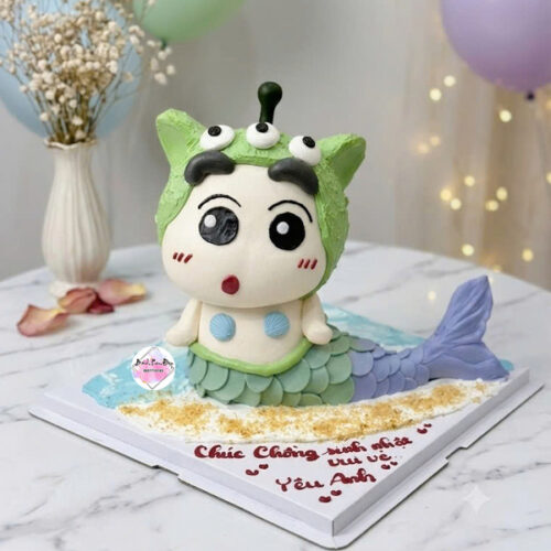 Bánh kem Shin cậu bé bút chì tạo hình 3D dễ thương với phong cách hài hước và màu sắc nổi bật
